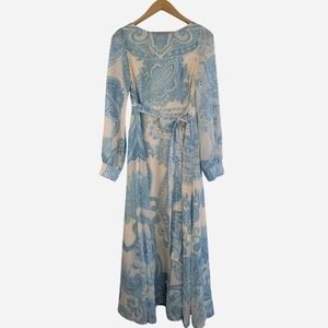 Fehaute Paisley Long Sleeve Wrap Maxi Dress Blue Cream NWT Size 8